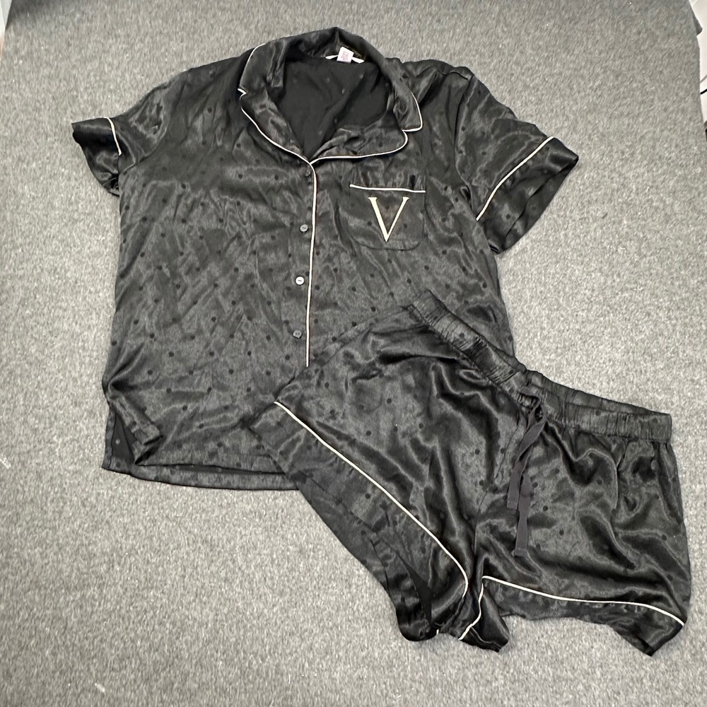 Victoria's Secret Black Polka Dot Satin Pajama Set Shorts Top Womens L Gold V